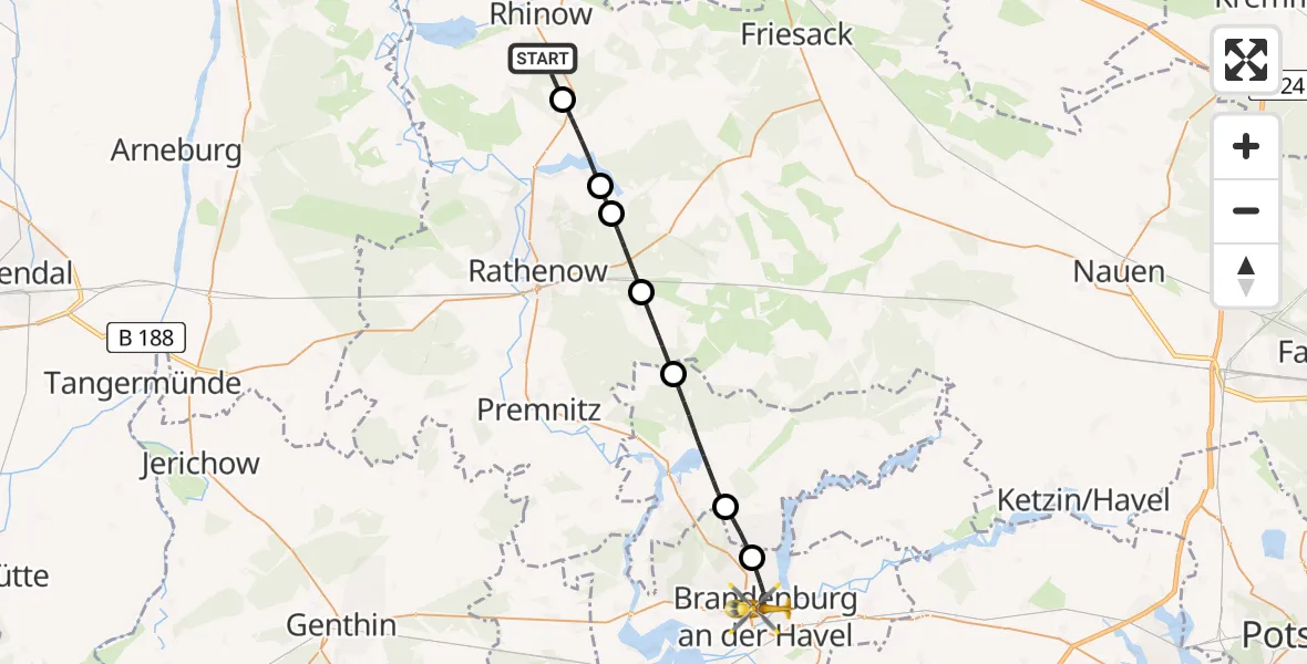 Flugroute Rettungshubschrauber Rhinow - Brandenburg an der Havel, 27 April 2026, 06:23