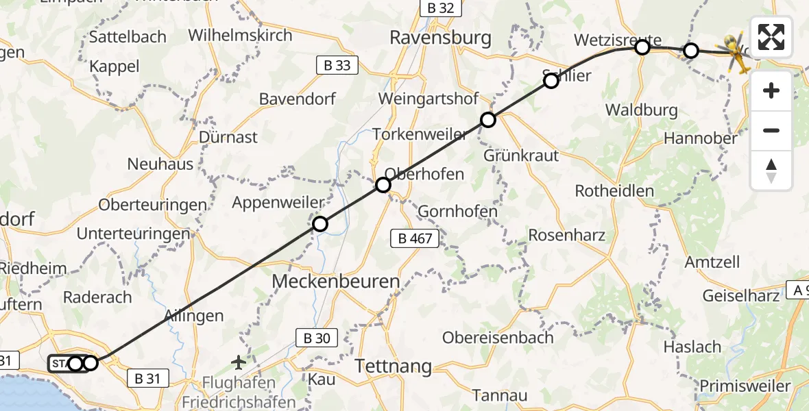 Flugroute Rettungshubschrauber Friedrichshafen Hospital - Vogt, 27 April 2026, 06:45