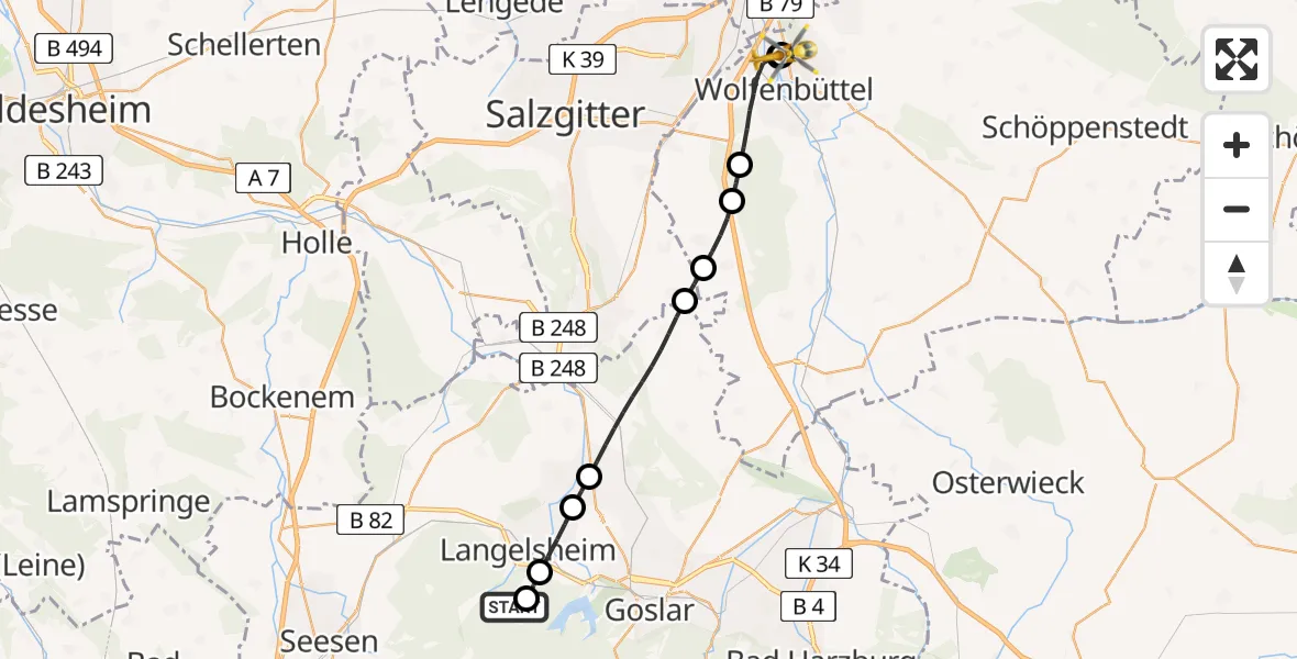 Flugroute Rettungshubschrauber Langelsheim - Wolfenbüttel Municipal Hospital Heliport (Christoph 30), 27 April 2026, 06:51