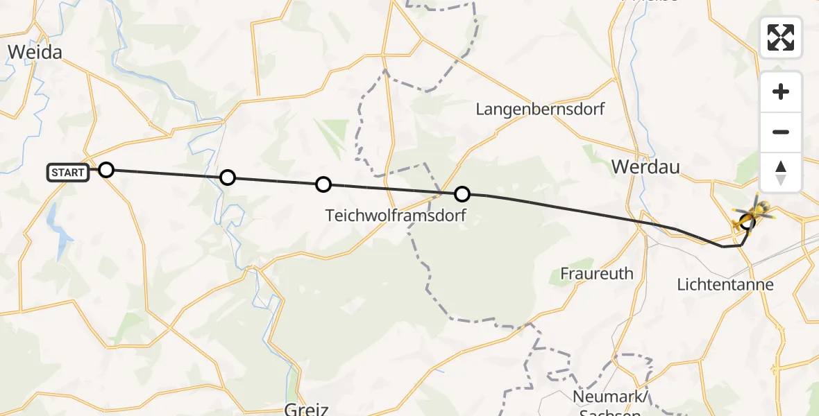 Flugroute Rettungshubschrauber Weida - ADAC Air Rescue Station Zwickau Hubschrauberlandeplatz, 27 April 2026, 06:58
