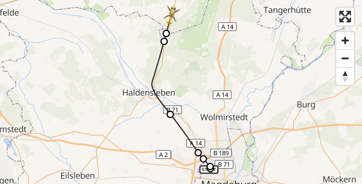 Flugroute Rettungshubschrauber Magdeburg Hospital - Gardelegen, 27 April 2026, 07:00