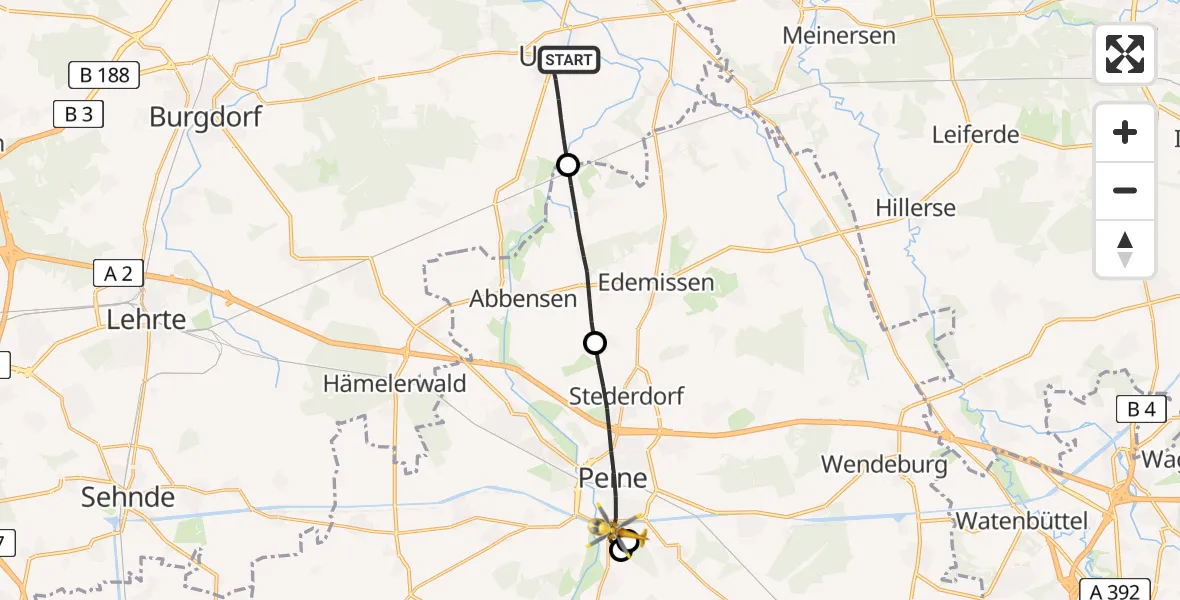 Flugroute Rettungshubschrauber Uetze - Peine, 27 April 2026, 07:05