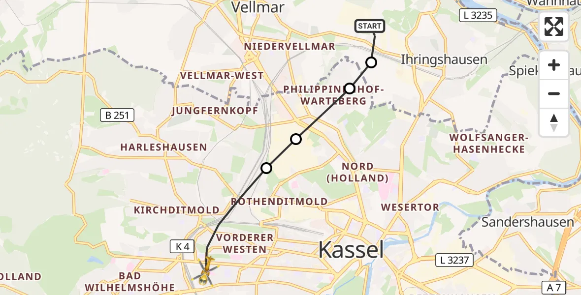 Flugroute Rettungshubschrauber Fuldatal Bundespolizei Hubschrauberlandeplatz - Kassel, 27 April 2026, 07:07