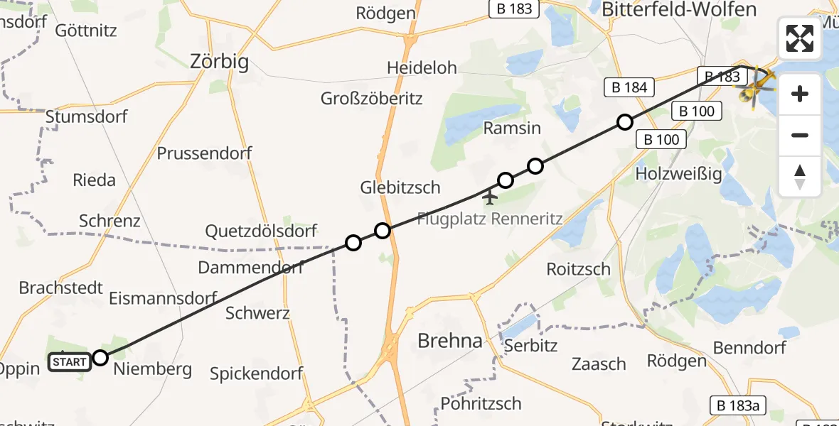 Flugroute Rettungshubschrauber Halle-Oppin Flugplatz - Bitterfeld-Wolfen, 27 April 2026, 07:10