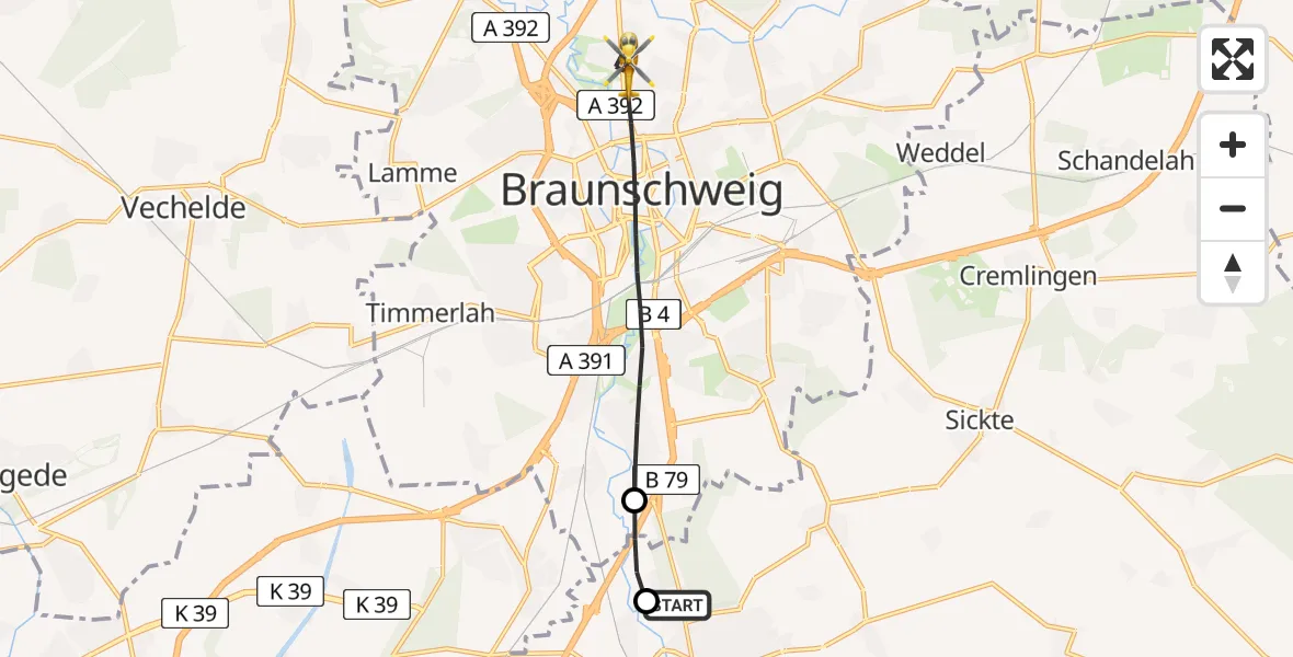 Flugroute Rettungshubschrauber Wolfenbüttel Municipal Hospital Heliport (Christoph 30) - Braunschweig, 27 April 2026, 07:11