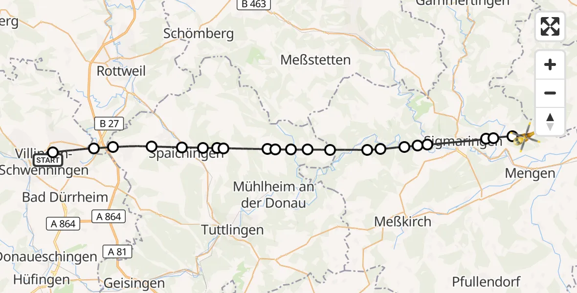 Flugroute Rettungshubschrauber DRF Air Rescue Station Villingen-Schwenningen Hubschrauberlandeplatz (Christoph 11) - Scheer, 27 April 2026, 07:18