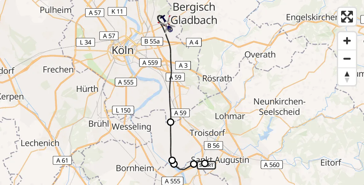 Flugroute Polizeihubschrauber Bonn-Hangelar Flugplatz - Köln, 27 April 2026, 07:24