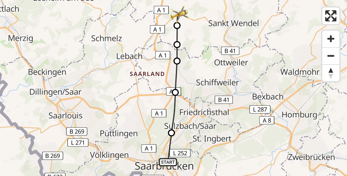 Flugroute Rettungshubschrauber Saarbrücken - Tholey, 27 April 2026, 07:26