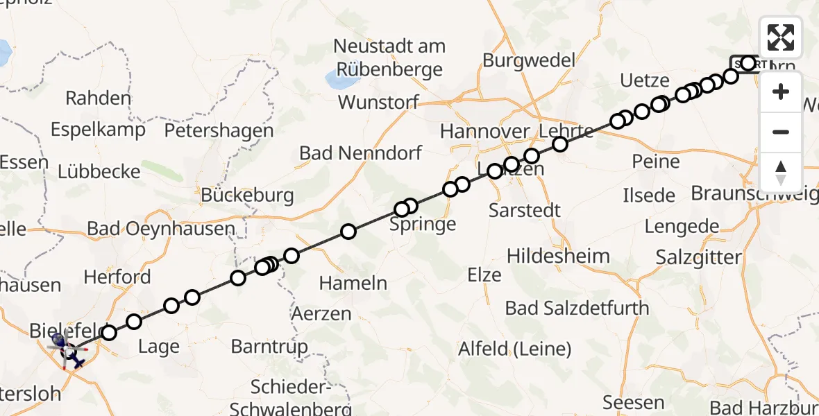 Flugroute Polizeihubschrauber Gifhorn Bundespolizei Hubschrauberlandeplatz - Luftrettungszentrum Bielefeld, 27 April 2026, 07:35