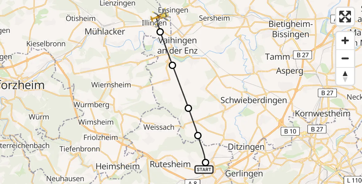 Flugroute Rettungshubschrauber Leonberg Hospital - Illingen, 27 April 2026, 07:39