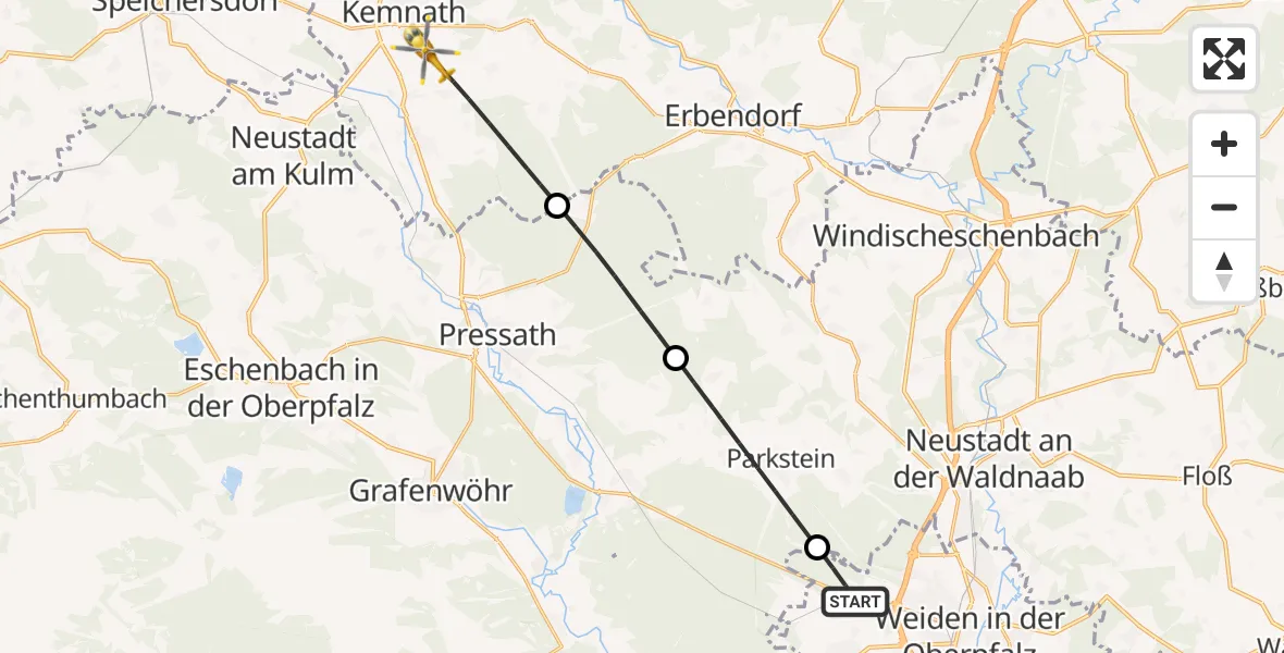 Flugroute Rettungshubschrauber Weiden i.d.OPf. - Kemnath, 27 April 2026, 07:49
