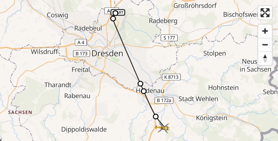 Flugroute Rettungshubschrauber Dresden Bundespolizei Hubschrauberlandeplatz - Bahretal, 27 April 2026, 07:57