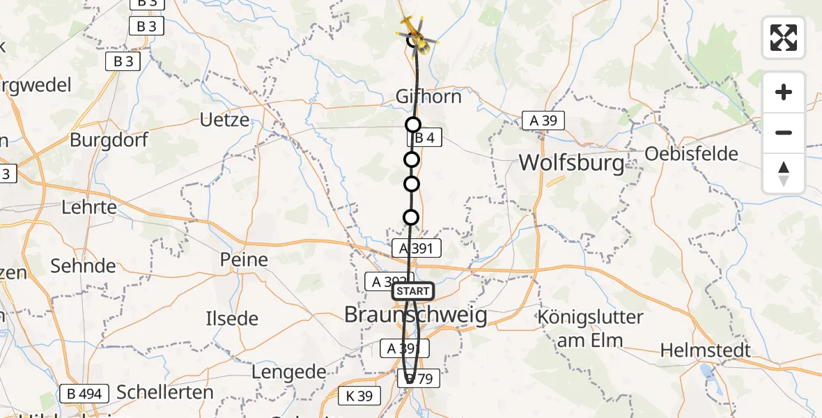 Flugroute Rettungshubschrauber Braunschweig - Wagenhoff, 27 April 2026, 07:59