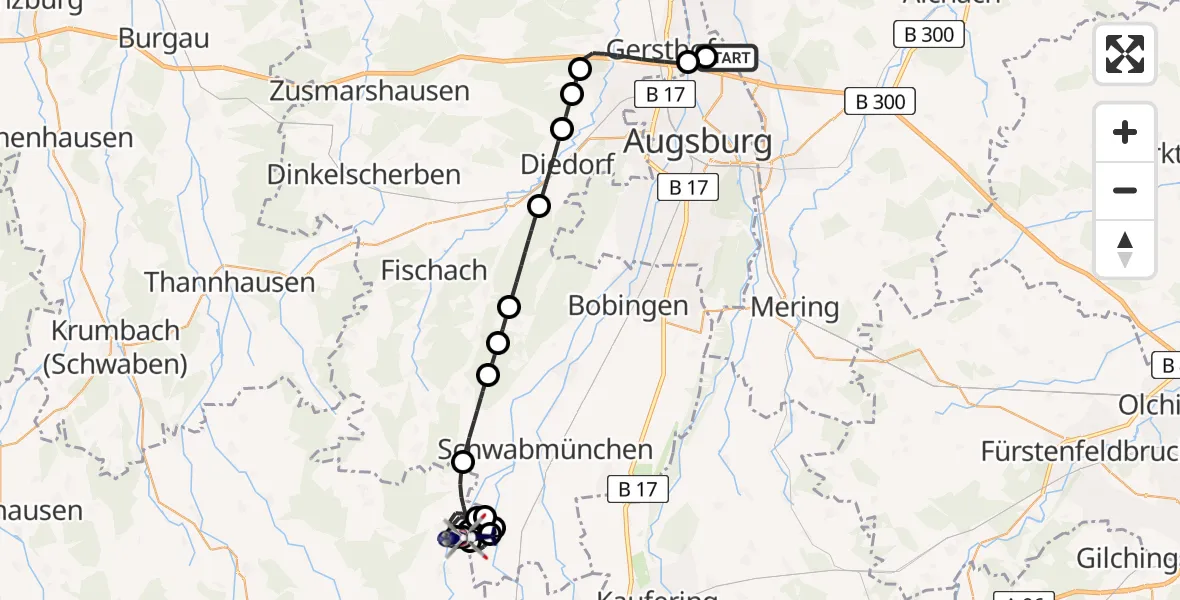 Flugroute Polizeihubschrauber Augsburg Flughafen - Langerringen, 27 April 2026, 08:00