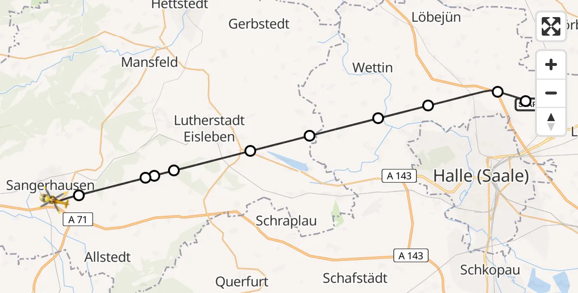 Flugroute Rettungshubschrauber Halle-Oppin Flugplatz - Sangerhausen, 27 April 2026, 08:04