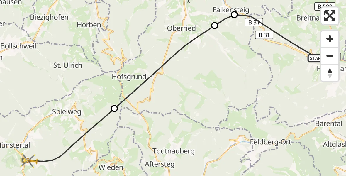 Flugroute Rettungshubschrauber Breitnau - Münstertal/Schwarzwald, 27 April 2026, 08:08