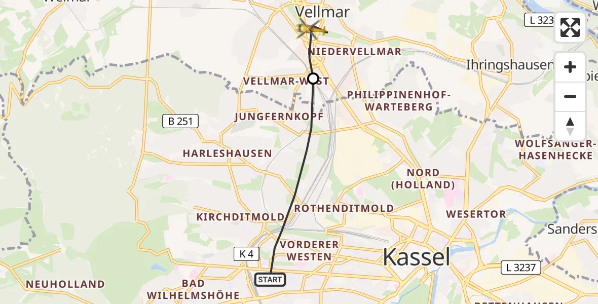 Flugroute Rettungshubschrauber Kassel - Vellmar, 27 April 2026, 08:15