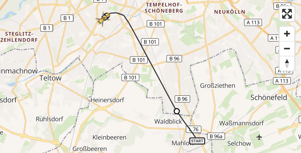 Flugroute Rettungshubschrauber Blankenfelde-Mahlow - Charité Clinic Benjamin Franklin Campus, 27 April 2026, 08:18