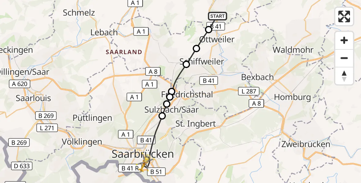 Flugroute Rettungshubschrauber St. Wendel - Saarbrücken, 27 April 2026, 08:21