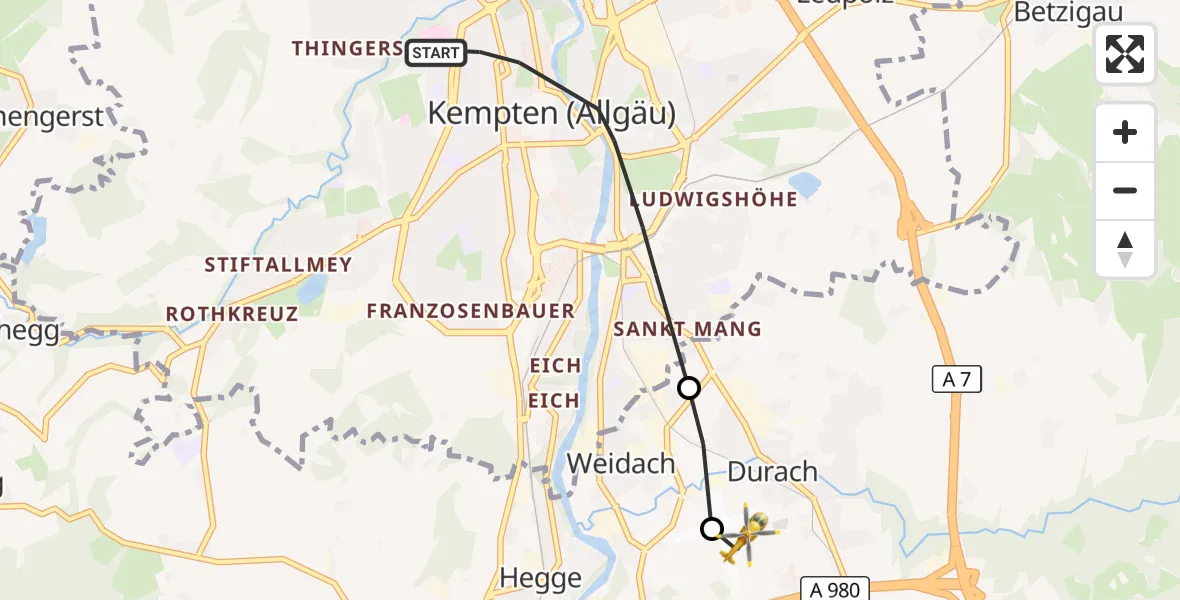Flugroute Rettungshubschrauber Kempten (Allgäu) - Kempten-Durach Flugplatz, 27 April 2026, 08:25
