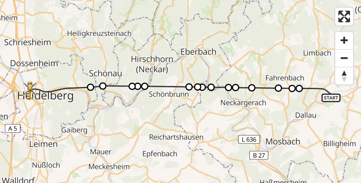 Flugroute Rettungshubschrauber Elztal - Heidelberg, 27 April 2026, 08:26