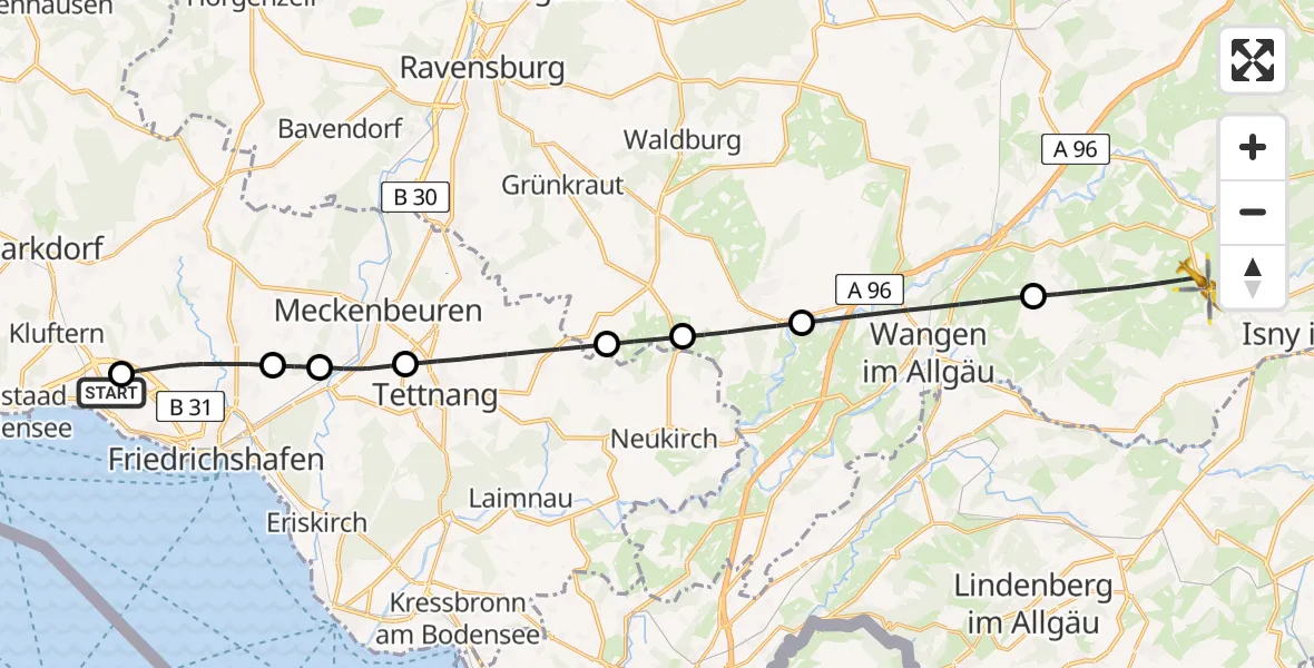 Flugroute Rettungshubschrauber Friedrichshafen Hospital - Argenbühl, 27 April 2026, 08:26