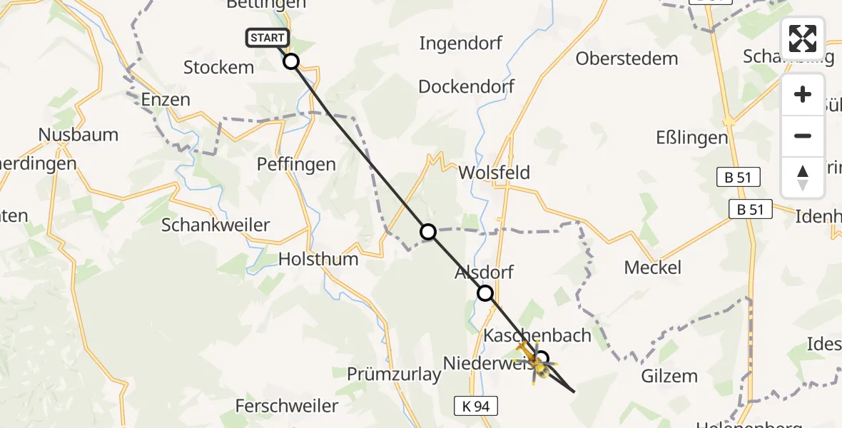 Flugroute Ambulanzhubschrauber Bettingen - Niederweis, 27 April 2026, 08:31