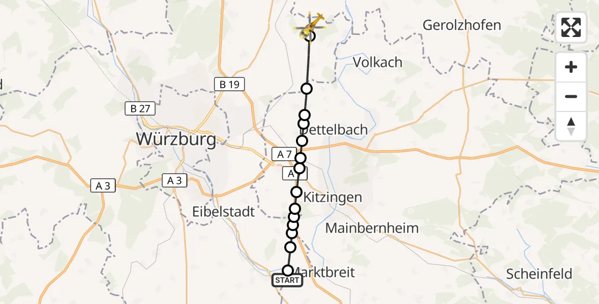 Flugroute Rettungshubschrauber Ochsenfurt - Bergtheim, 27 April 2026, 08:40