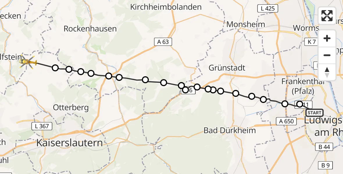 Flugroute Rettungshubschrauber Ludwigshafen am Rhein - Niederkirchen, 27 April 2026, 08:46