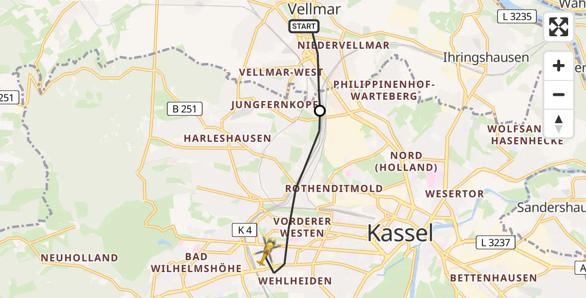 Flugroute Rettungshubschrauber Vellmar - Kassel, 27 April 2026, 08:56