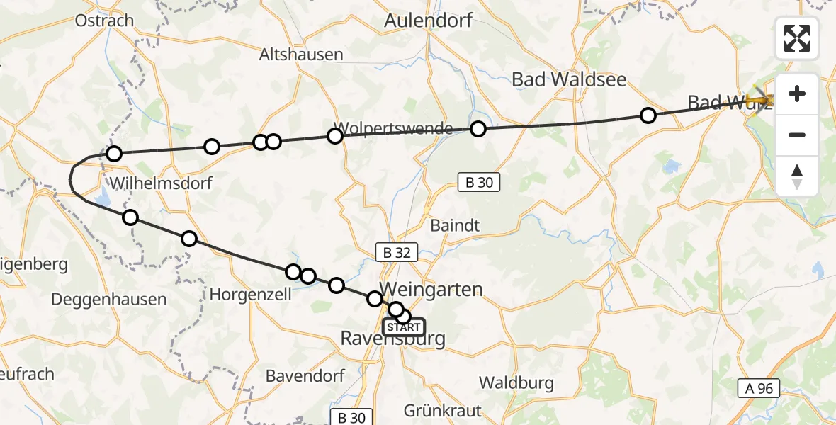 Flugroute Rettungshubschrauber Sankt Elisabeth Hospital - Bad Wurzach, 27 April 2026, 08:57