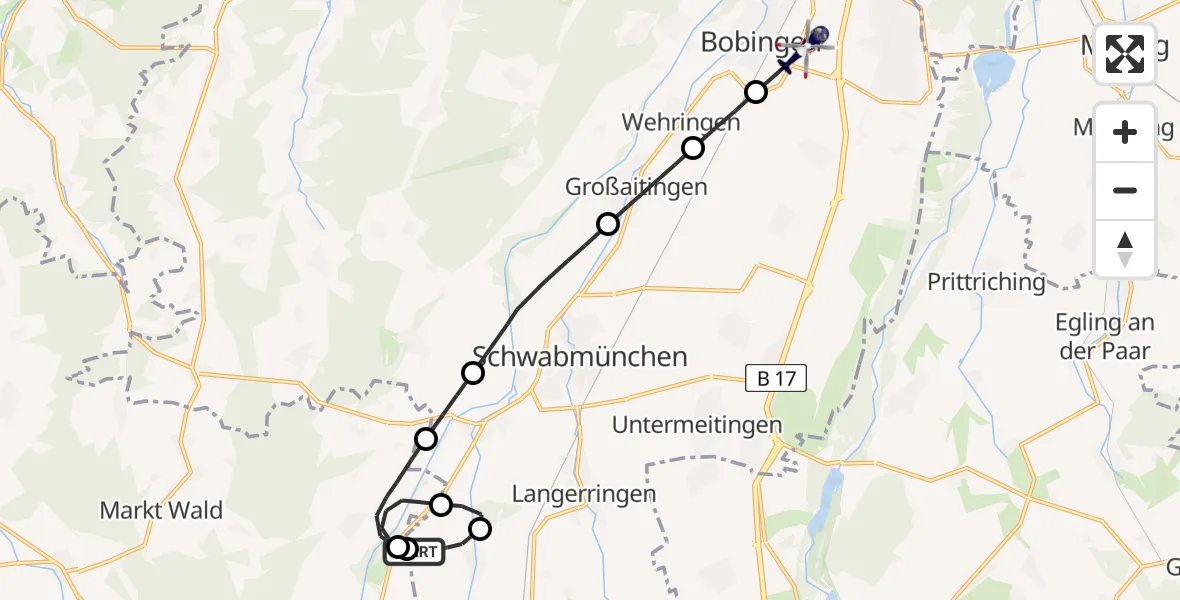 Flugroute Polizeihubschrauber Langerringen - Bobingen, 27 April 2026, 08:57
