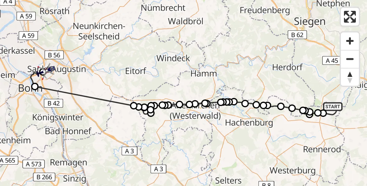 Flugroute Polizeihubschrauber Liebenscheid - Sankt Augustin, 27 April 2026, 08:59