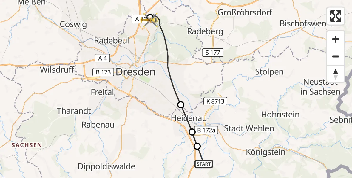 Flugroute Rettungshubschrauber Bahretal - Dresden Bundespolizei Hubschrauberlandeplatz, 27 April 2026, 09:01