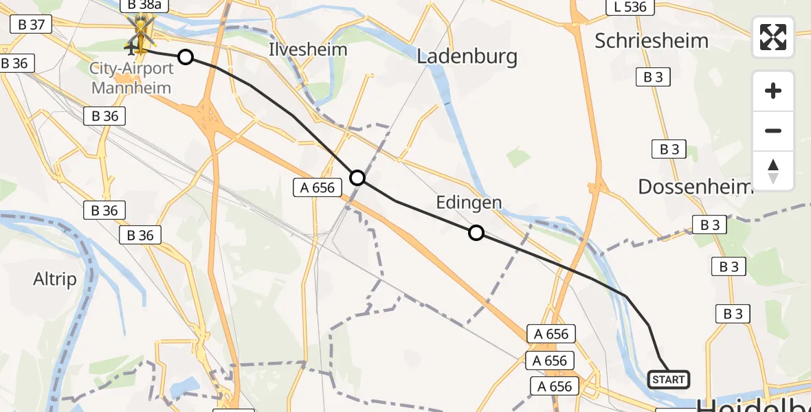 Flugroute Rettungshubschrauber Heidelberg - Mannheim-City Flughafen, 27 April 2026, 09:10