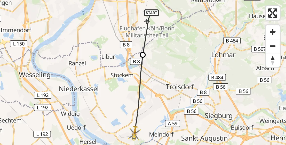 Flugroute Ambulanzhubschrauber Köln Bonn Flughafen - Troisdorf, 27 April 2026, 09:15