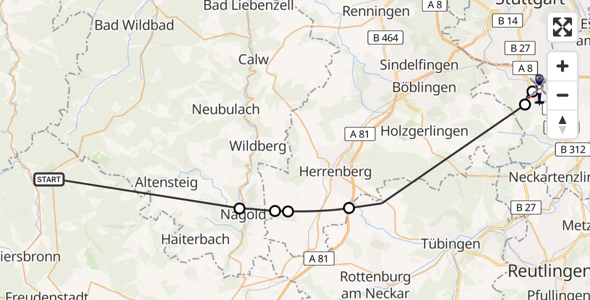 Flugroute Polizeihubschrauber Seewald - Flughafen Stuttgart, 27 April 2026, 09:18