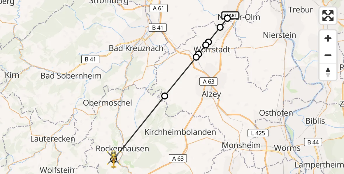 Flugroute Rettungshubschrauber Nieder-Olm - Imsweiler UL, 27 April 2026, 09:29