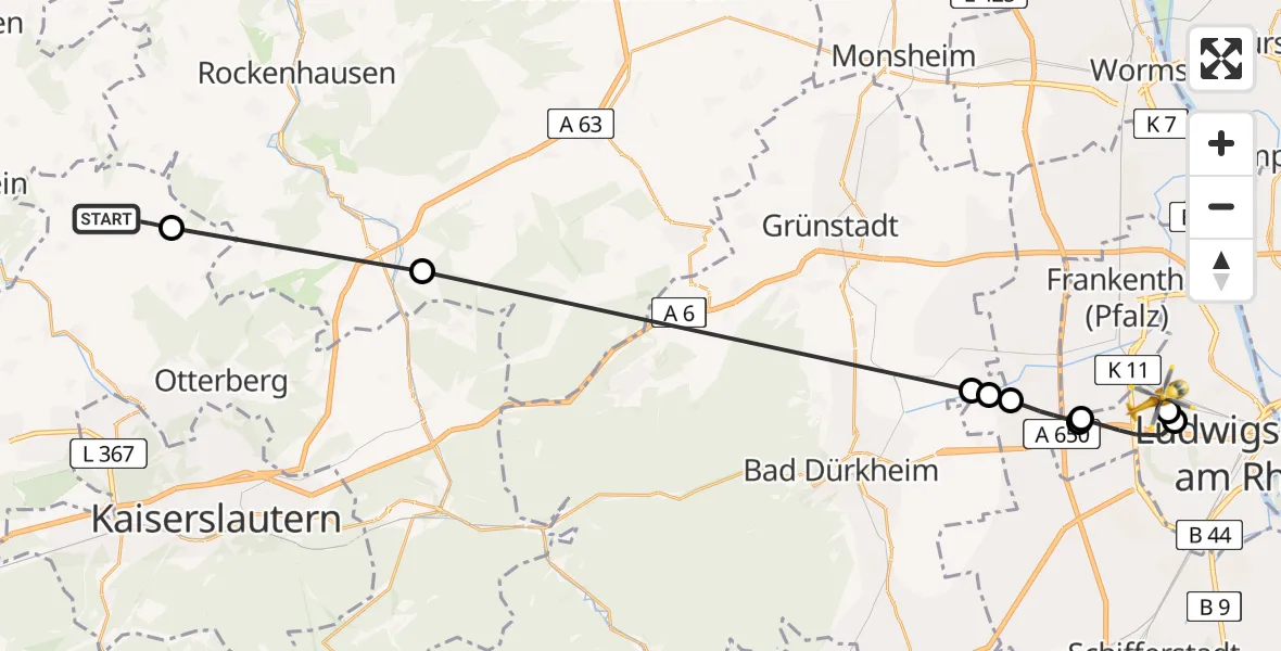 Flugroute Rettungshubschrauber Niederkirchen - Ludwigshafen am Rhein, 27 April 2026, 09:32