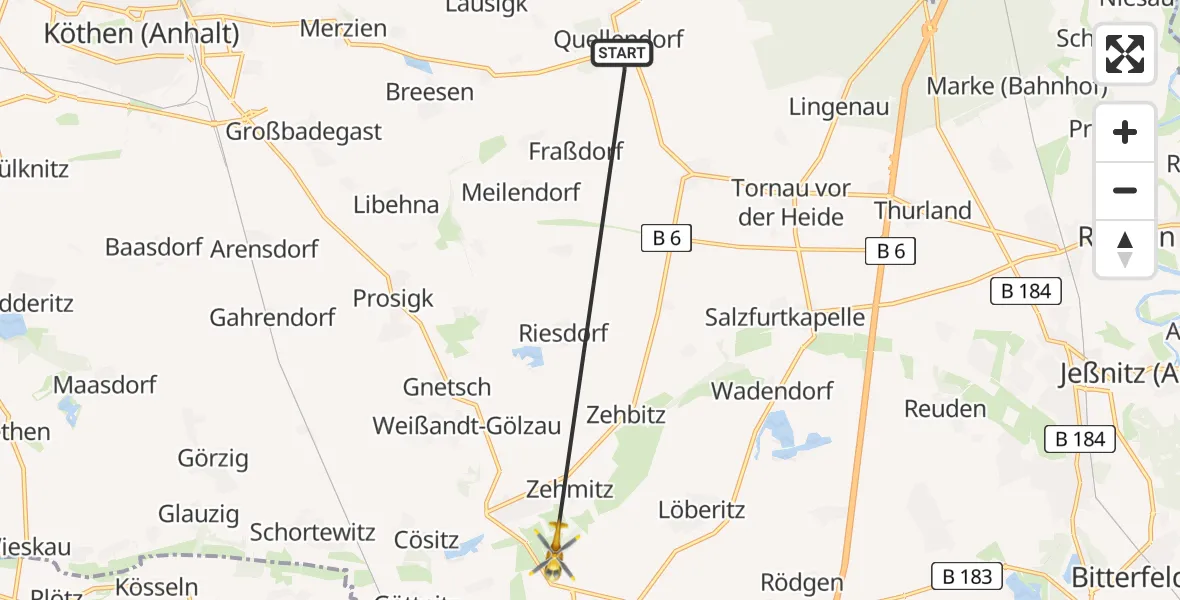 Flugroute Ambulanzhubschrauber Südliches Anhalt - Zörbig, 27 April 2026, 09:33