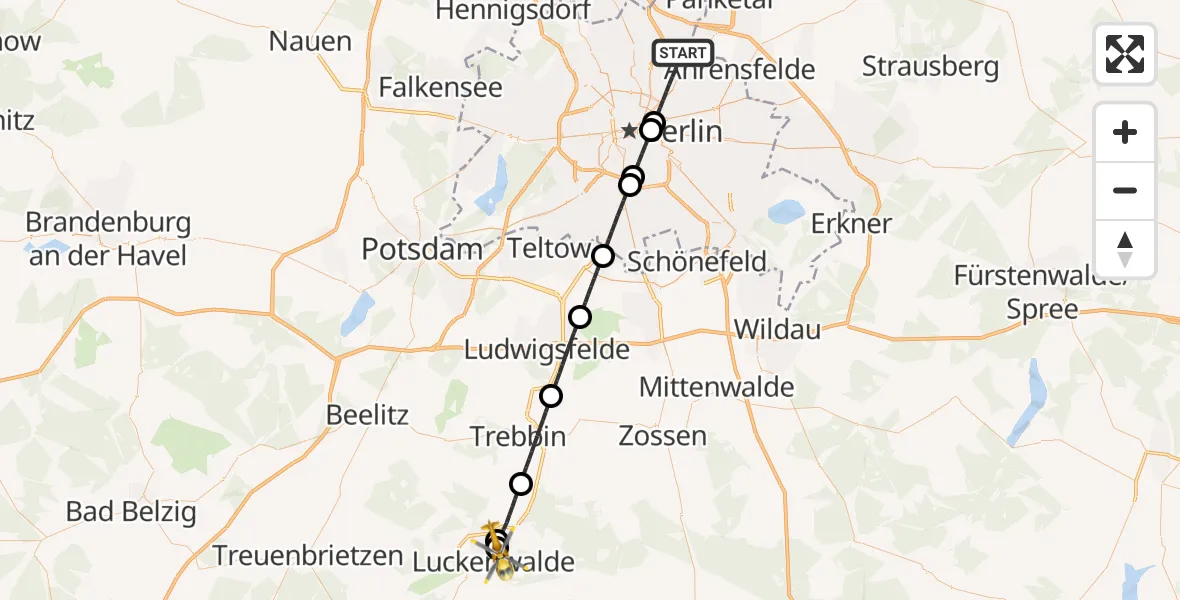 Flugroute Rettungshubschrauber Berlin - KMG Hospital Luckenwalde Hubschrauberlandeplatz, 27 April 2026, 09:43