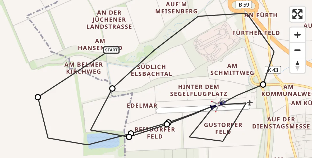 Flugroute Polizeihubschrauber Grevenbroich - Gustorfer Höhe Flugplatz, 27 April 2026, 09:43