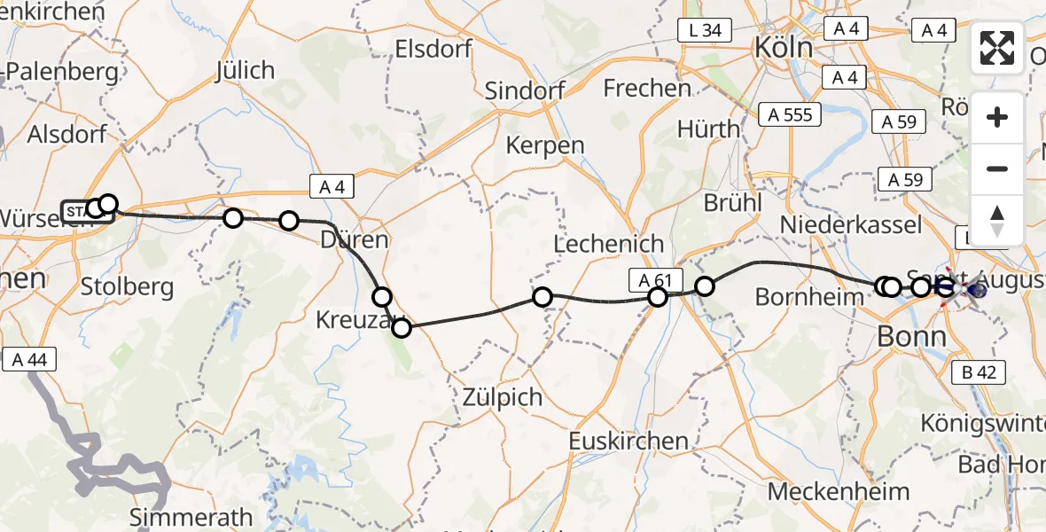 Flugroute Polizeihubschrauber Aachen-Merzbrück Flughafen - Sankt Augustin, 27 April 2026, 09:52