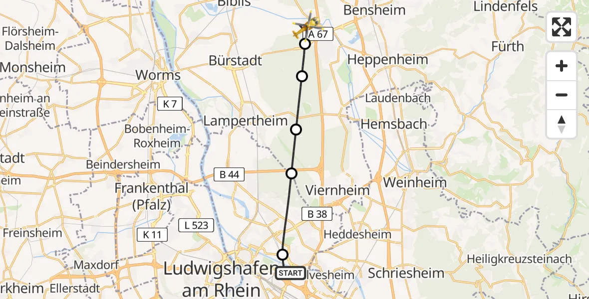 Flugroute Rettungshubschrauber Mannheim-City Flughafen - Einhausen, 27 April 2026, 10:20