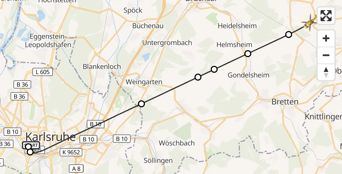 Flugroute Rettungshubschrauber Sankt Vincentius Hospital - Kraichtal, 27 April 2026, 10:22
