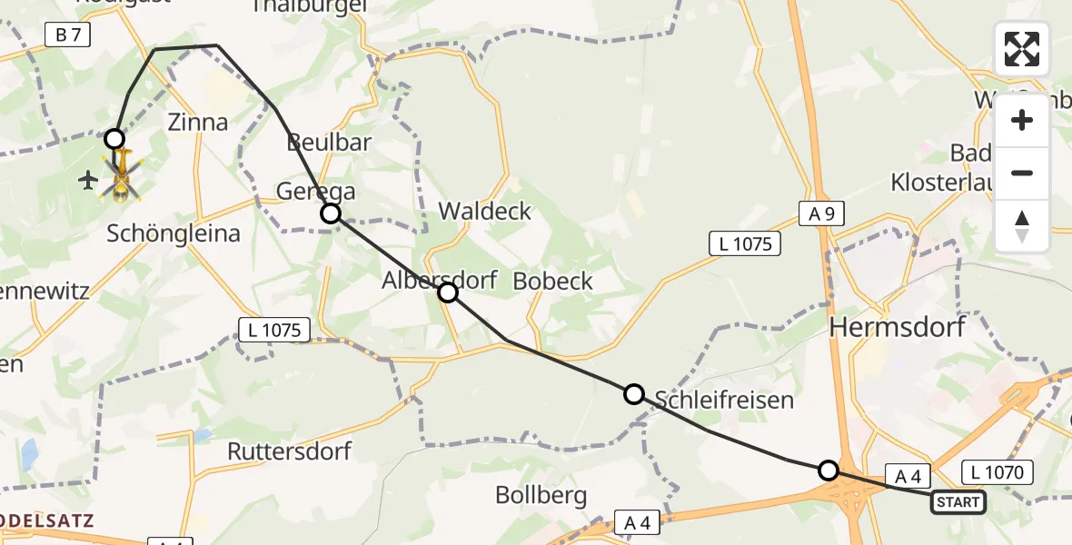 Flugroute Rettungshubschrauber Hermsdorf - Jena-Schöngleina Flugplatz, 27 April 2026, 10:24