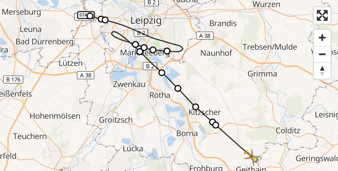 Flugroute Rettungshubschrauber ADAC Air Rescue Station Leipzig/Schkeuditz-Dölzig Hubschrauberlandeplatz (Christoph 61) - Frohburg, 27 April 2026, 10:30