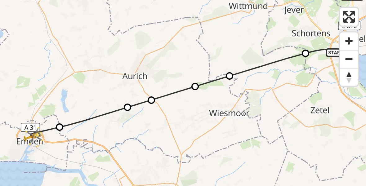Flugroute Rettungshubschrauber Sande - Emden, 27 April 2026, 10:45
