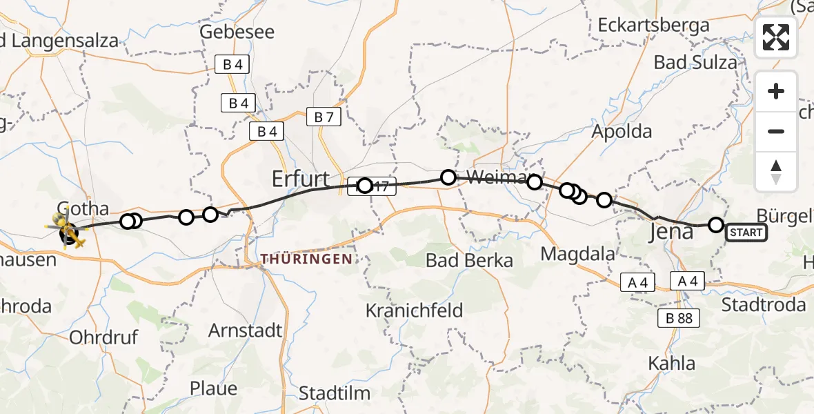 Flugroute Rettungshubschrauber Großlöbichau - Helios Clinic Gotha, 27 April 2026, 10:46