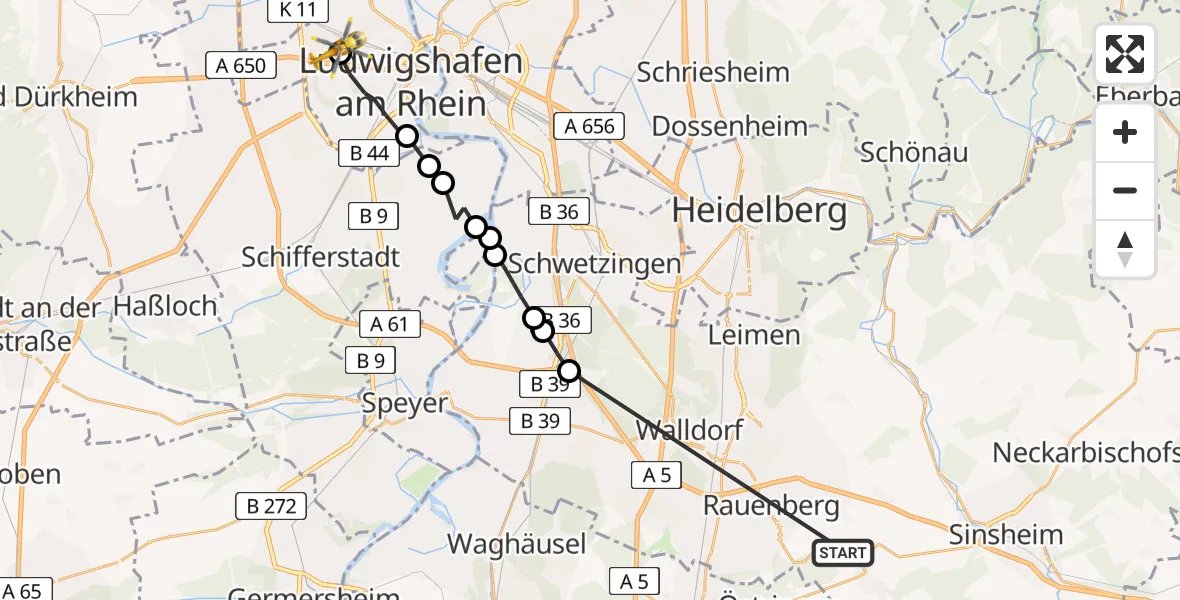 Flugroute Rettungshubschrauber Mühlhausen - Ludwigshafen Accident Hospital Hubschrauberlandeplatz, 27 April 2026, 10:53